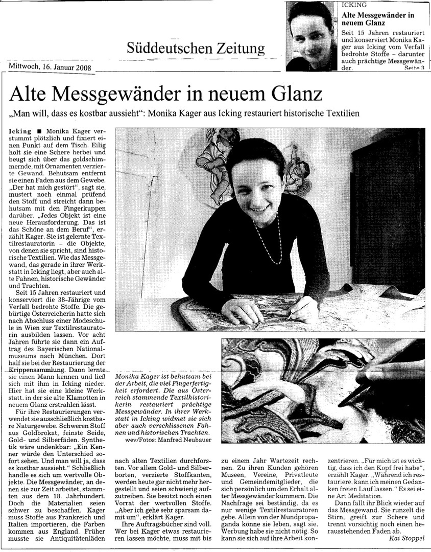 Süddeutsche Zeitung, 16. Januar 2008 – Alte Messgewänder in neuem Glanz